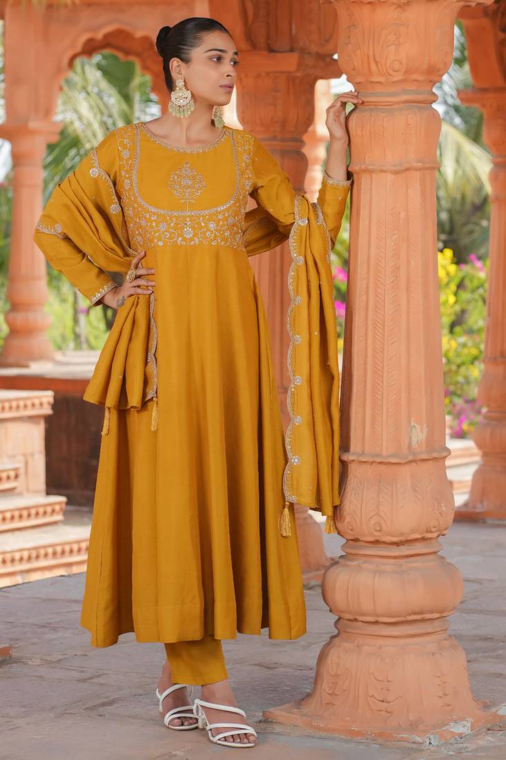 yellow vichitra silk embroidered flared anarkali pant and dupatta set