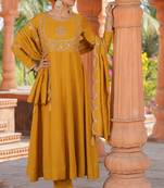 yellow vichitra silk embroidered flared anarkali pant and dupatta set