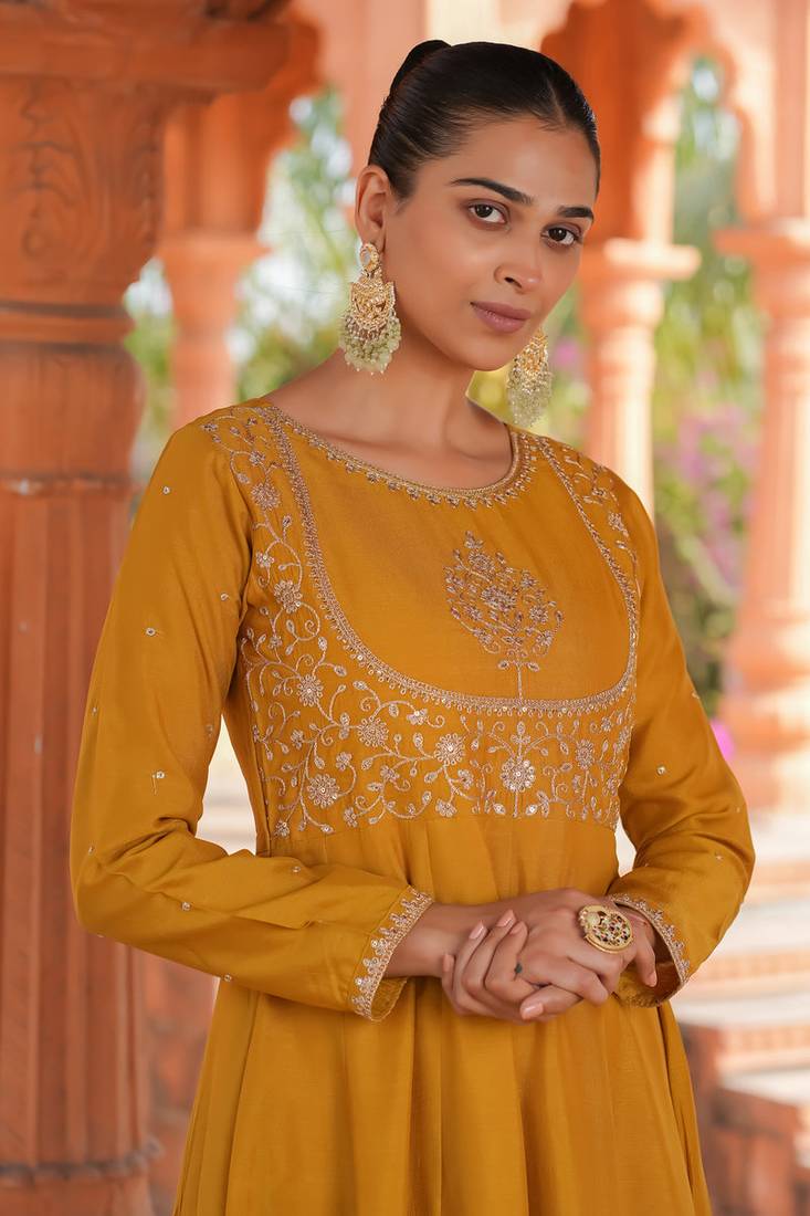 yellow vichitra silk embroidered flared anarkali pant and dupatta set