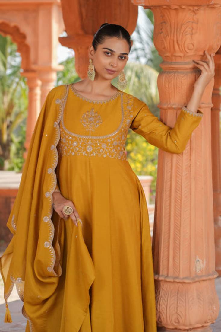 yellow vichitra silk embroidered flared anarkali pant and dupatta set