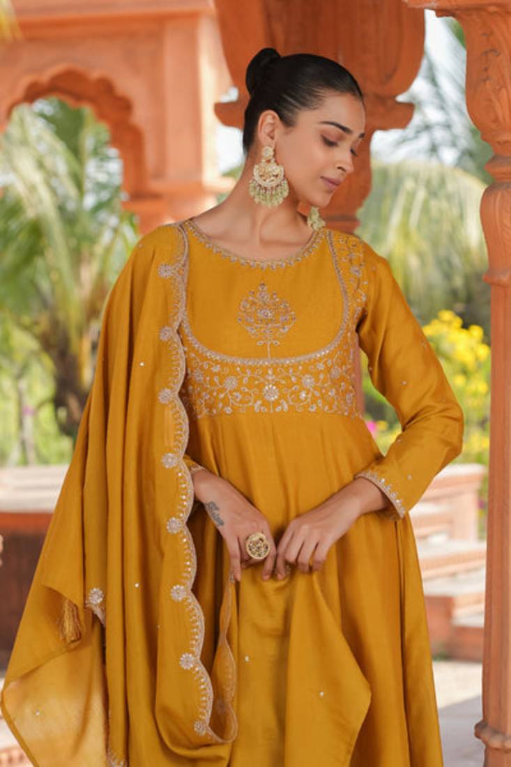 yellow vichitra silk embroidered flared anarkali pant and dupatta set