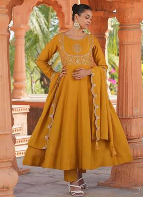 yellow vichitra silk embroidered flared anarkali pant and dupatta set 5