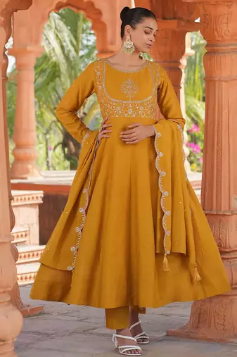 yellow vichitra silk embroidered flared anarkali pant and dupatta set