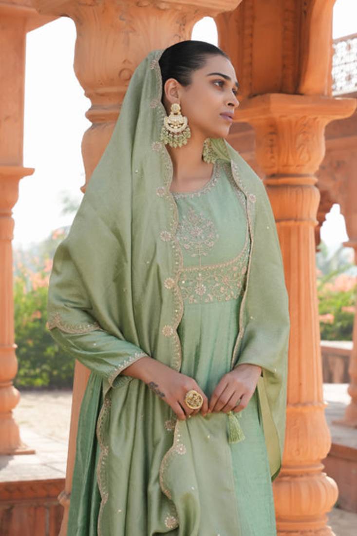 green vichitra silk embroidered flared anarkali pant and dupatta set