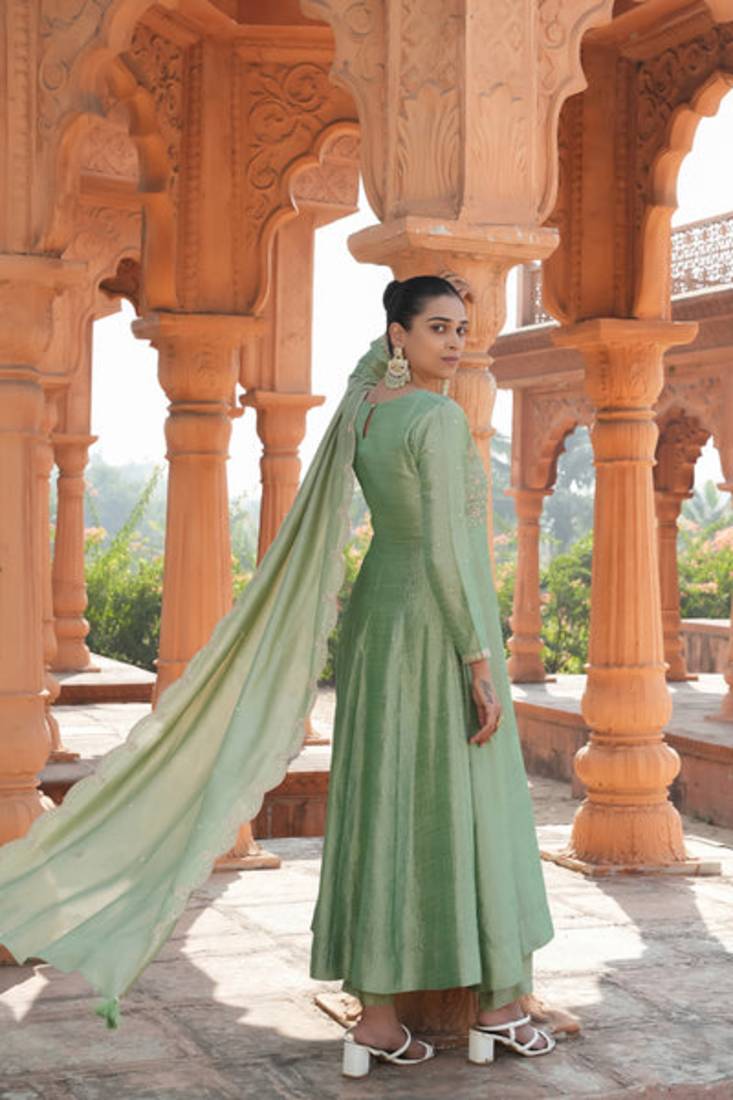 green vichitra silk embroidered flared anarkali pant and dupatta set