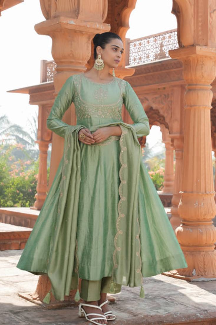 green vichitra silk embroidered flared anarkali pant and dupatta set