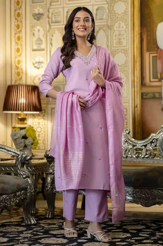 purple embroidered viscose rayon straight kurta pant and dupatta set