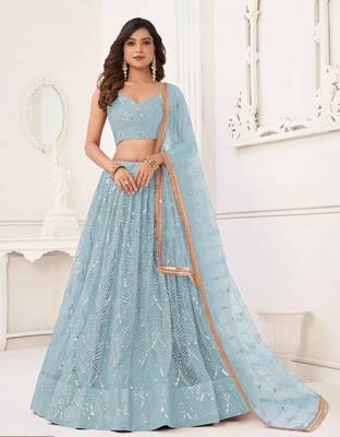 SKY BLUE NET SEQUIN EMBROIDERED LEHENGA SET WITH CHOLI AND DUPATTA 1