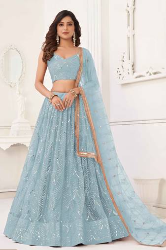 SKY BLUE NET SEQUIN EMBROIDERED LEHENGA SET WITH CHOLI AND DUPATTA