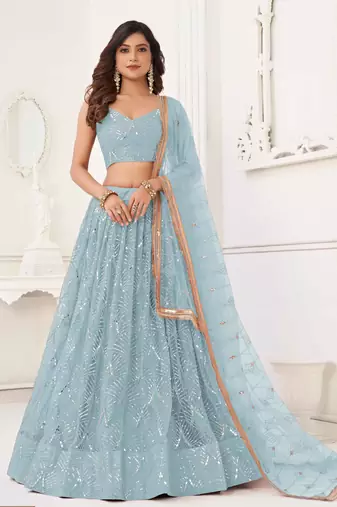 SKY BLUE NET SEQUIN EMBROIDERED LEHENGA SET WITH CHOLI AND DUPATTA