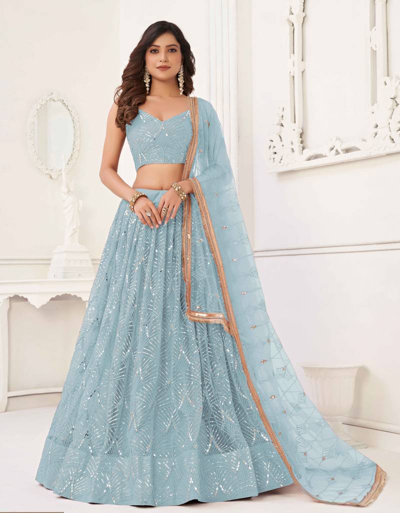 SKY BLUE NET SEQUIN EMBROIDERED LEHENGA SET WITH CHOLI AND DUPATTA