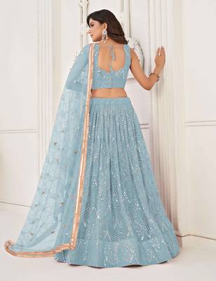SKY BLUE NET SEQUIN EMBROIDERED LEHENGA SET WITH CHOLI AND DUPATTA 2