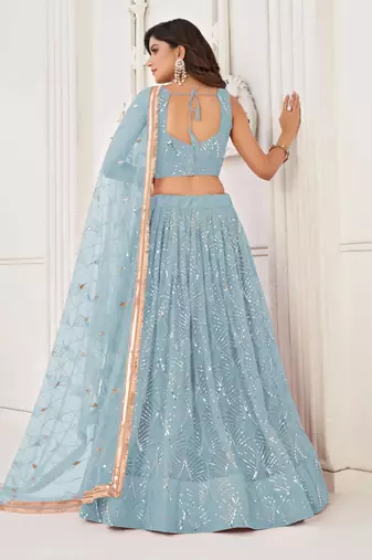SKY BLUE NET SEQUIN EMBROIDERED LEHENGA SET WITH CHOLI AND DUPATTA