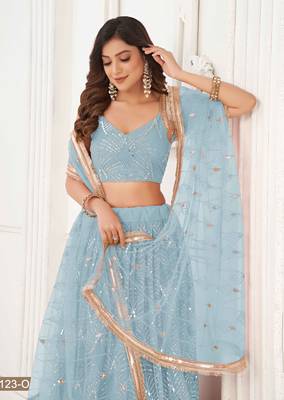 SKY BLUE NET SEQUIN EMBROIDERED LEHENGA SET WITH CHOLI AND DUPATTA 3