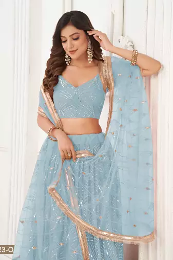 SKY BLUE NET SEQUIN EMBROIDERED LEHENGA SET WITH CHOLI AND DUPATTA