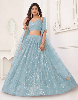 SKY BLUE NET SEQUIN EMBROIDERED LEHENGA SET WITH CHOLI AND DUPATTA 4