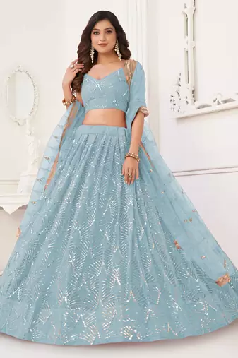 SKY BLUE NET SEQUIN EMBROIDERED LEHENGA SET WITH CHOLI AND DUPATTA
