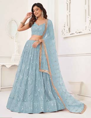 SKY BLUE NET SEQUIN EMBROIDERED LEHENGA SET WITH CHOLI AND DUPATTA 5