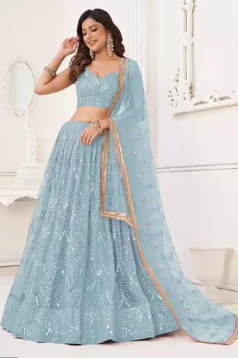 SKY BLUE NET SEQUIN EMBROIDERED LEHENGA SET WITH CHOLI AND DUPATTA