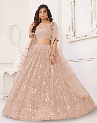 PEACH NET SEQUIN EMBROIDERED LEHENGA SET WITH CHOLI AND DUPATTA 1