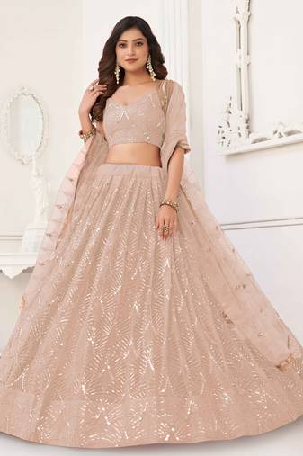 PEACH NET SEQUIN EMBROIDERED LEHENGA SET WITH CHOLI AND DUPATTA