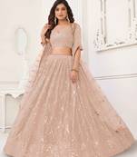 PEACH NET SEQUIN EMBROIDERED LEHENGA SET WITH CHOLI AND DUPATTA