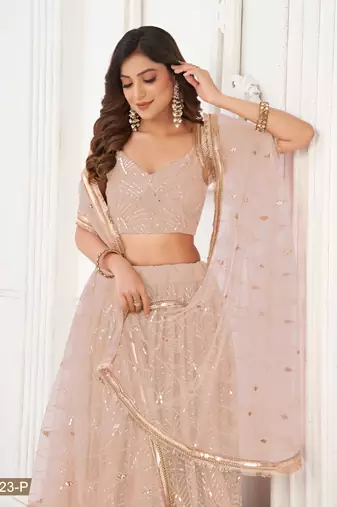 PEACH NET SEQUIN EMBROIDERED LEHENGA SET WITH CHOLI AND DUPATTA