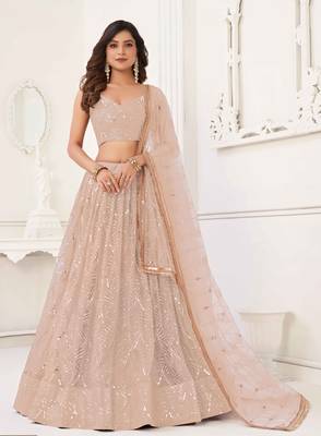 PEACH NET SEQUIN EMBROIDERED LEHENGA SET WITH CHOLI AND DUPATTA 3