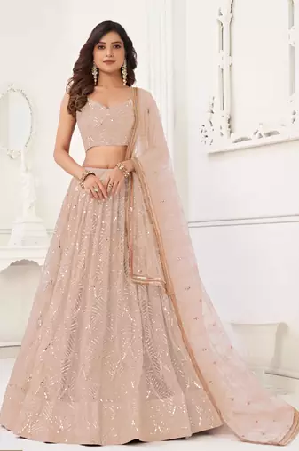 PEACH NET SEQUIN EMBROIDERED LEHENGA SET WITH CHOLI AND DUPATTA