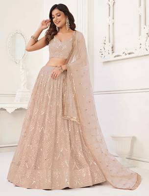 PEACH NET SEQUIN EMBROIDERED LEHENGA SET WITH CHOLI AND DUPATTA 4
