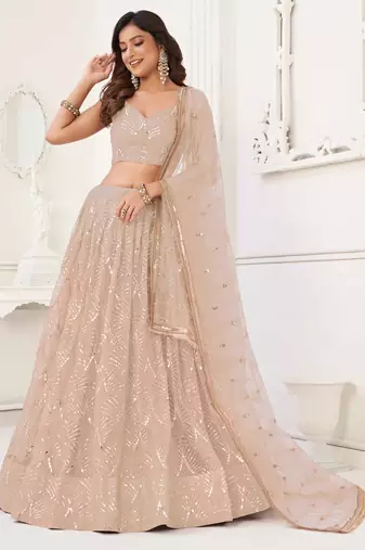 PEACH NET SEQUIN EMBROIDERED LEHENGA SET WITH CHOLI AND DUPATTA