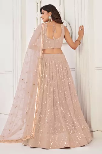 PEACH NET SEQUIN EMBROIDERED LEHENGA SET WITH CHOLI AND DUPATTA