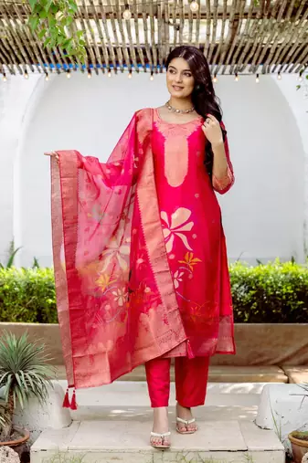 red printed jacquard organza straight kurta pant and dupatta set
