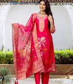 red printed jacquard organza straight kurta pant and dupatta set