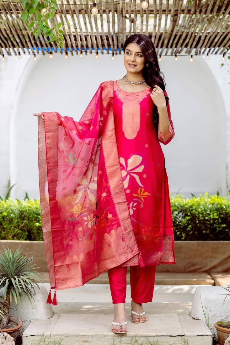 red printed jacquard organza straight kurta pant and dupatta set