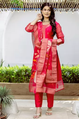 red printed jacquard organza straight kurta pant and dupatta set
