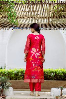red printed jacquard organza straight kurta pant and dupatta set 4