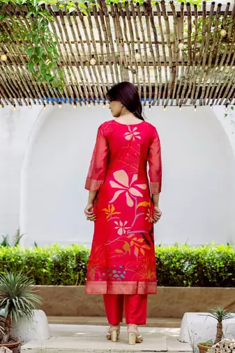 red printed jacquard organza straight kurta pant and dupatta set