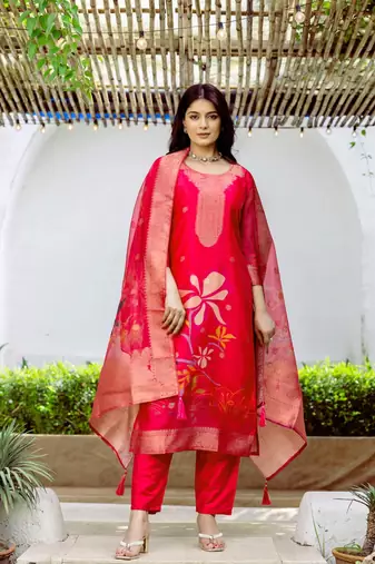 red printed jacquard organza straight kurta pant and dupatta set