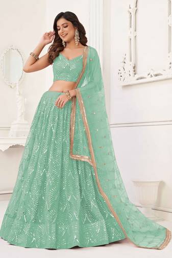 SEA GREEN NET SEQUIN EMBROIDERED LEHENGA SET WITH CHOLI AND DUPATTA