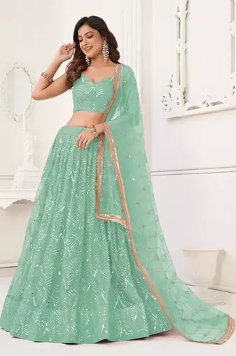 SEA GREEN NET SEQUIN EMBROIDERED LEHENGA SET WITH CHOLI AND DUPATTA