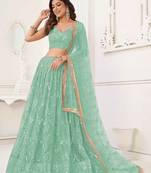 SEA GREEN NET SEQUIN EMBROIDERED LEHENGA SET WITH CHOLI AND DUPATTA