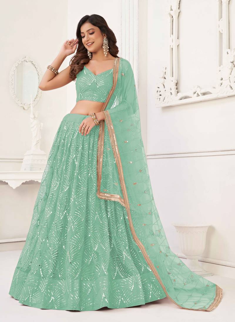 SEA GREEN NET SEQUIN EMBROIDERED LEHENGA SET WITH CHOLI AND DUPATTA