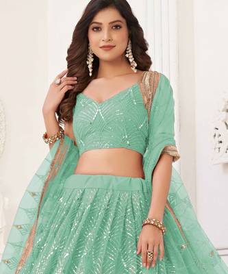 SEA GREEN NET SEQUIN EMBROIDERED LEHENGA SET WITH CHOLI AND DUPATTA 2