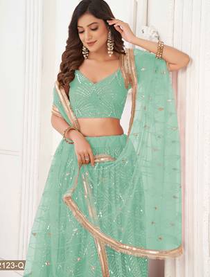 SEA GREEN NET SEQUIN EMBROIDERED LEHENGA SET WITH CHOLI AND DUPATTA 3
