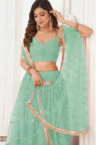 SEA GREEN NET SEQUIN EMBROIDERED LEHENGA SET WITH CHOLI AND DUPATTA