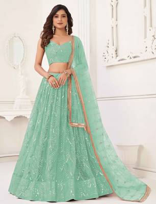 SEA GREEN NET SEQUIN EMBROIDERED LEHENGA SET WITH CHOLI AND DUPATTA 4