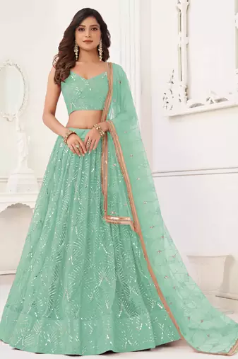 SEA GREEN NET SEQUIN EMBROIDERED LEHENGA SET WITH CHOLI AND DUPATTA