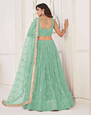 SEA GREEN NET SEQUIN EMBROIDERED LEHENGA SET WITH CHOLI AND DUPATTA 5