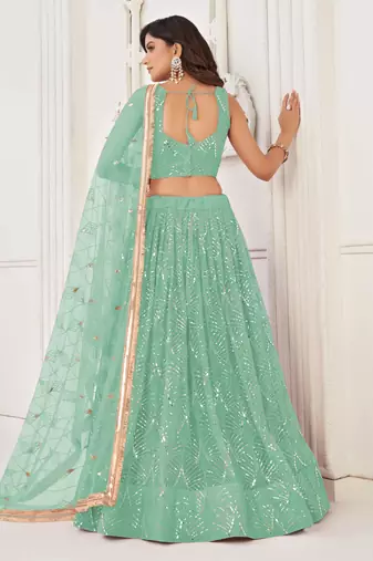 SEA GREEN NET SEQUIN EMBROIDERED LEHENGA SET WITH CHOLI AND DUPATTA